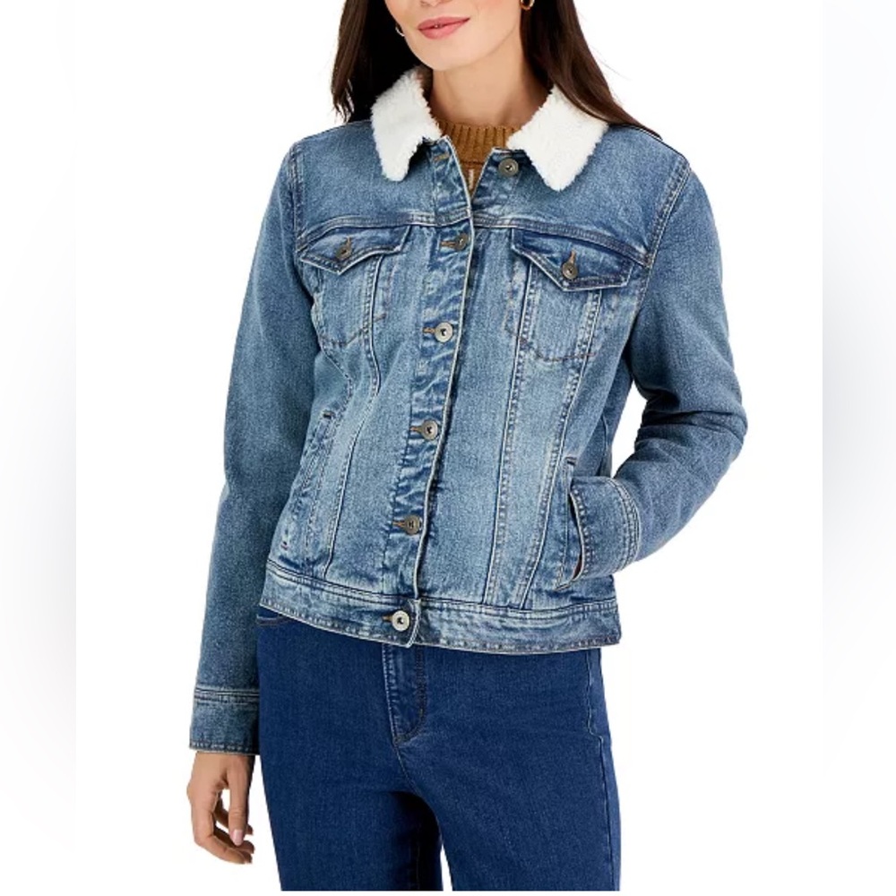 NWT Women’s Sherpa Faux Fur Collar Blue Denim Jean Trucker Jacket Size XL